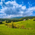 rural landscape with the Karkonosze (Krkonoše, Giant Mountains) mountains