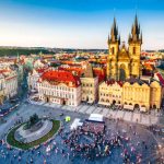 aerial view of old town square in Prague at sunset. Czech Republic