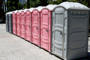Gray and pink mobile bio toilets for men and women in park
